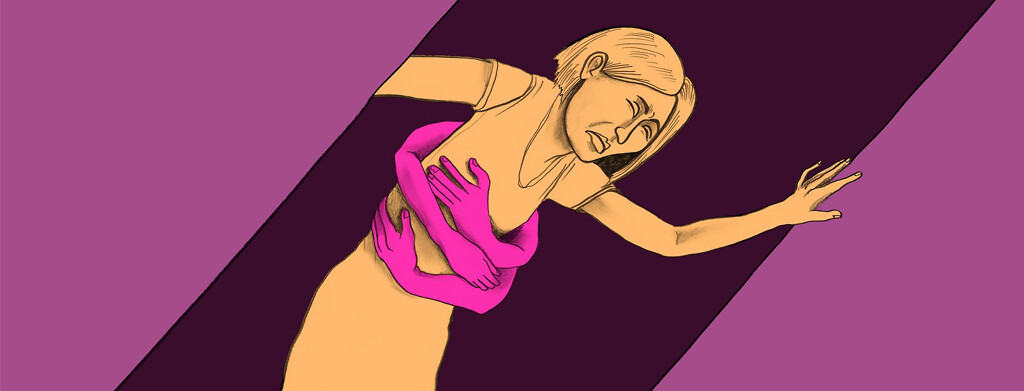 a woman is bent over in pain, with several mysterious arms wrapping around her, symbolizing the MS hug