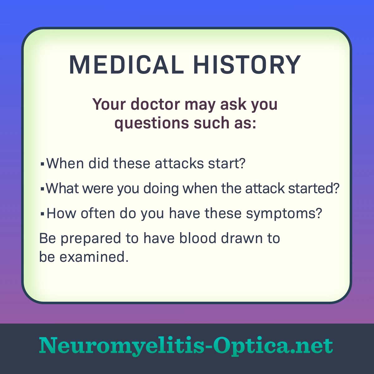 A chart highlighting key questions your doctor may ask about your medical history.
