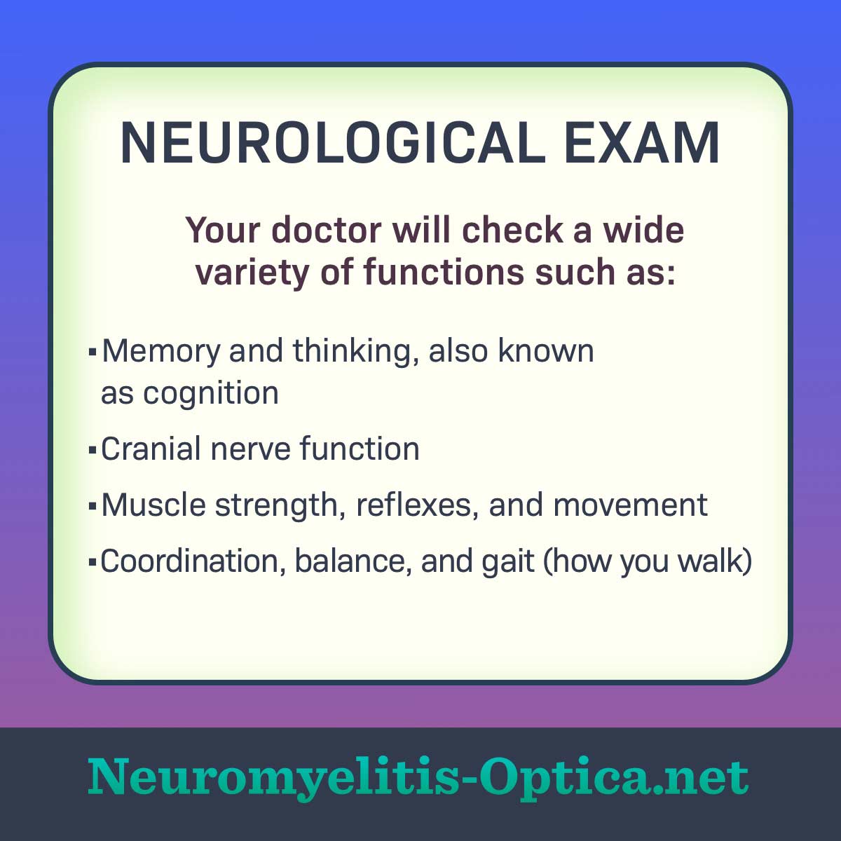 A chart highlighting key questions your doctor may ask during a neurological exam.