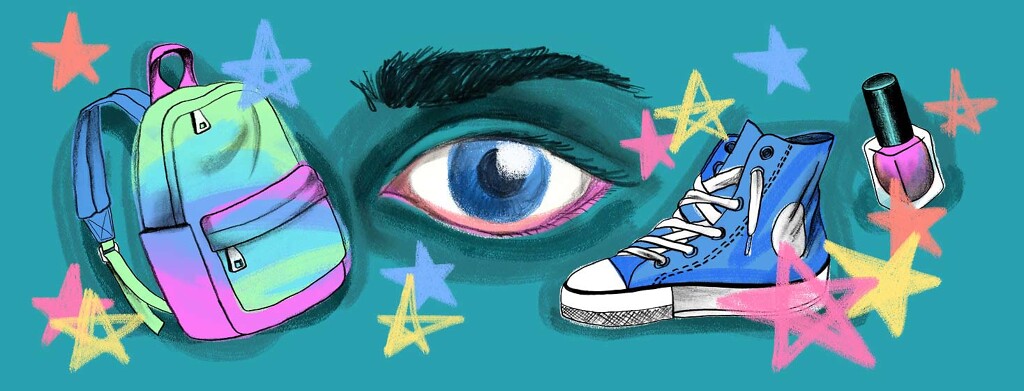 a backpack, sneakers, nail polish, and sketched stars surround a large eye
