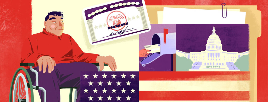 a collage of a man in a wheelchair, the US capital, a mailbox, paperwork, a social security card and the American flag.
