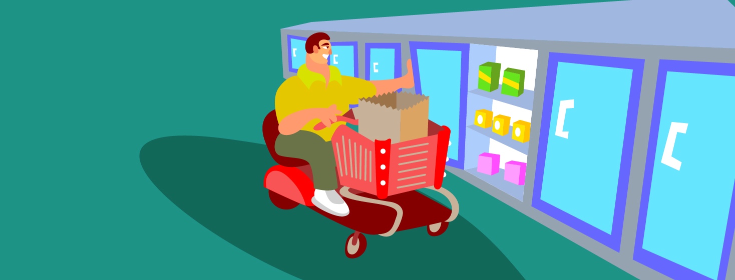 a man in a motorized grocery cart shops in the frozen aisle