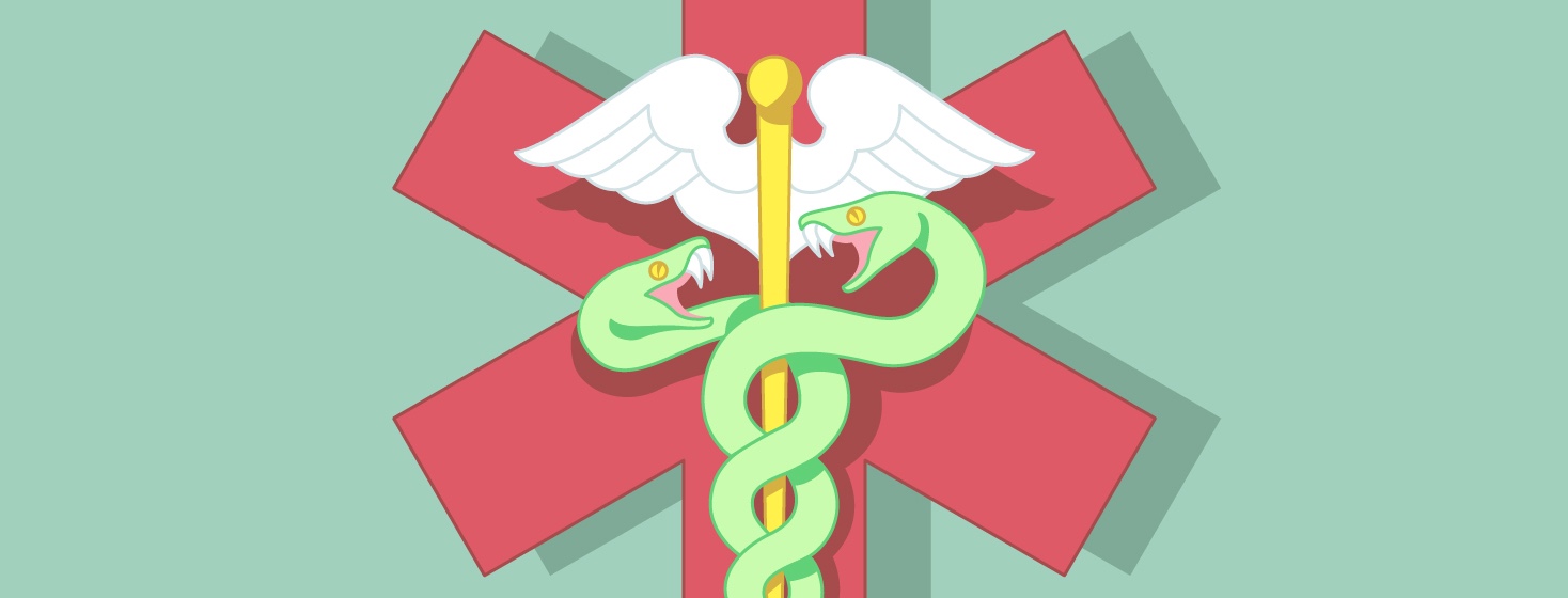 the doctor's Caduceus with two snakes showing their fangs