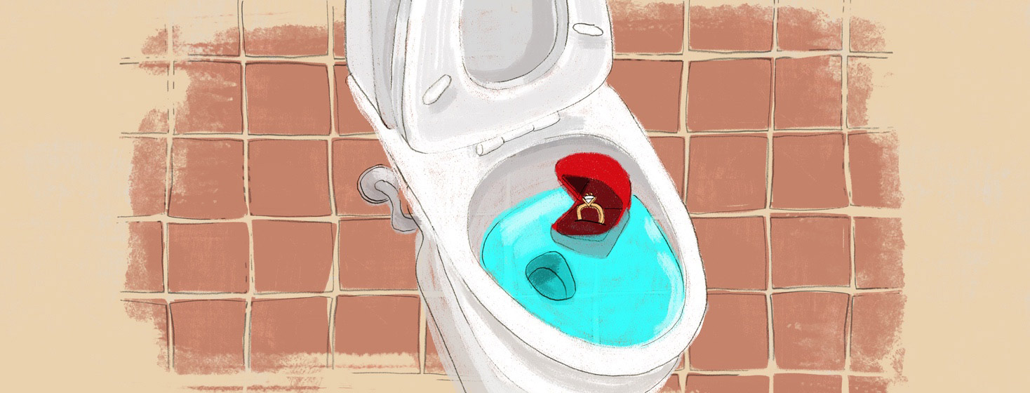 an engagement ring being flushed down the toilet