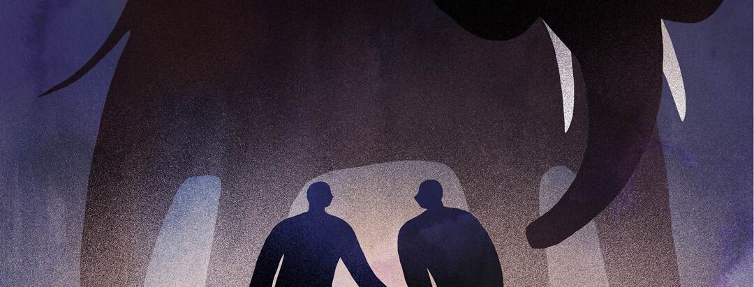 Two people in silhouette are dwarfed by a giant shadow of an elephant.