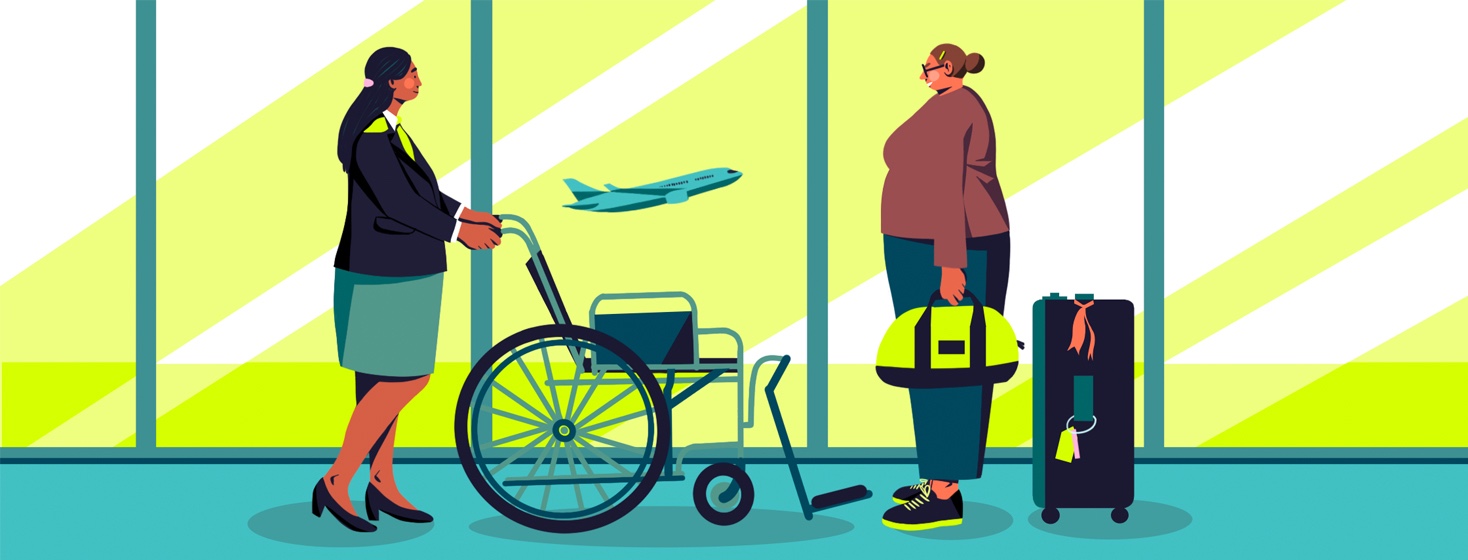 a woman at the airport is met at the gate with a wheelchair
