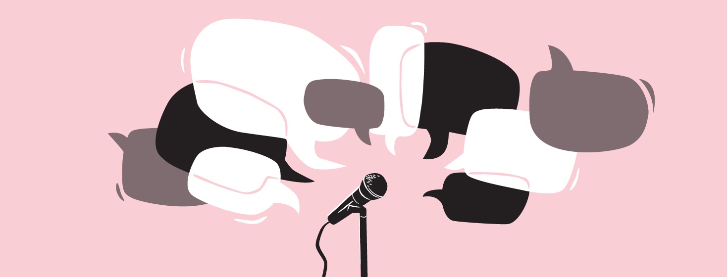 a microphone surrounded by question word bubbles