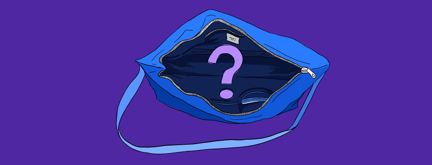 an open handbag reveals a big question mark inside