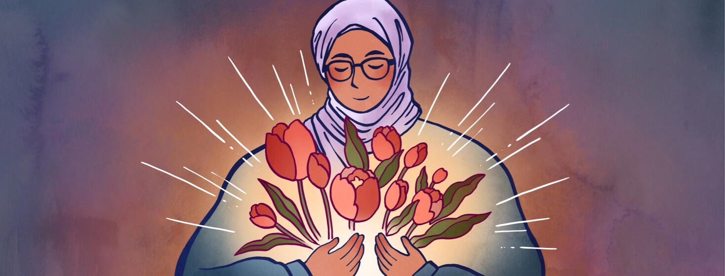 A woman holds glowing tulips in her hand. Adult female, hijab