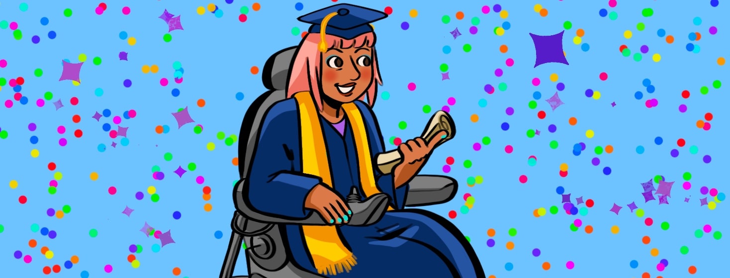 A young woman sits in a motorized wheelchair wearing a graduates gown and holding her diploma, smiling. female, accessibility, accomplishment, graduate, education