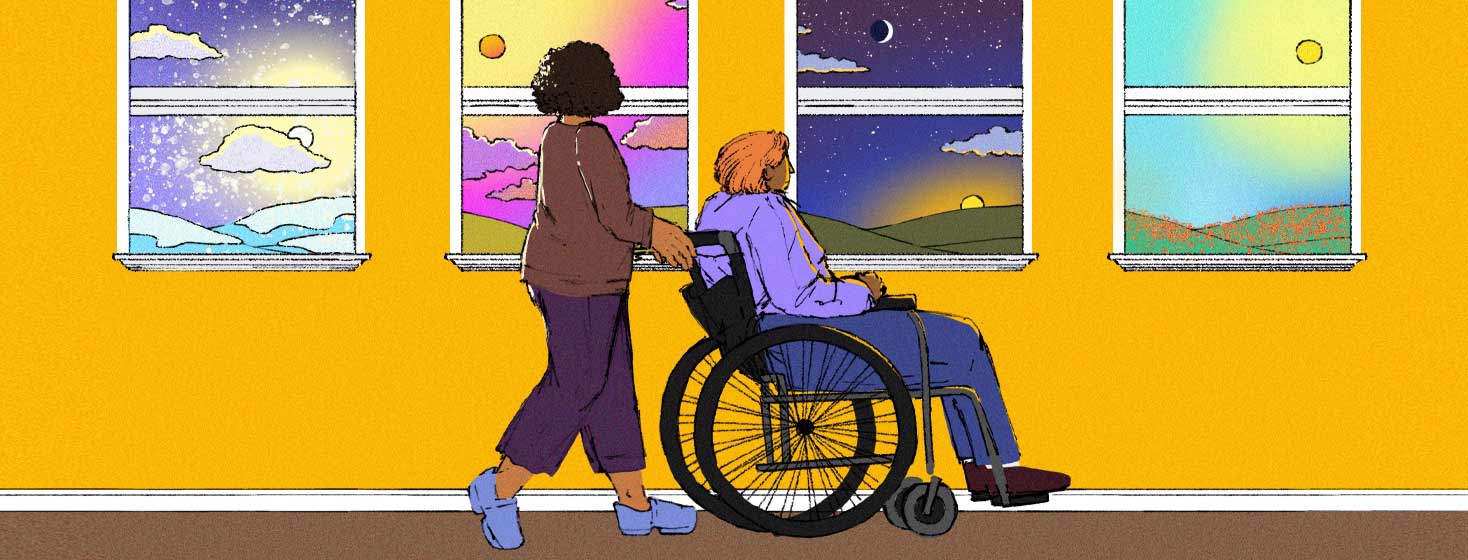 a woman in a wheelchair passes several windows all displaying different seasons passing of time