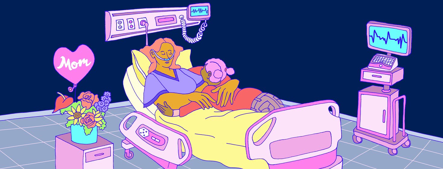 a mother and daughter embracing in a hospital bed