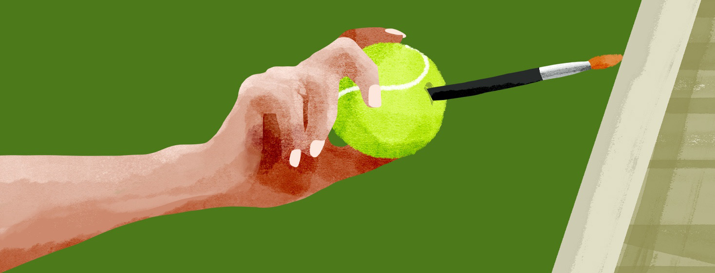 a visually impaired artist uses a tennis ball to help with gripping a paint brush