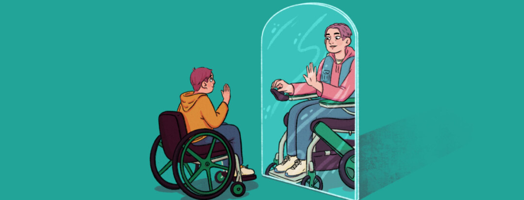 A young person in a manual wheelchair looks into a mirror and waves, the reflection is them as a teenager in a powered wheelchair waving back