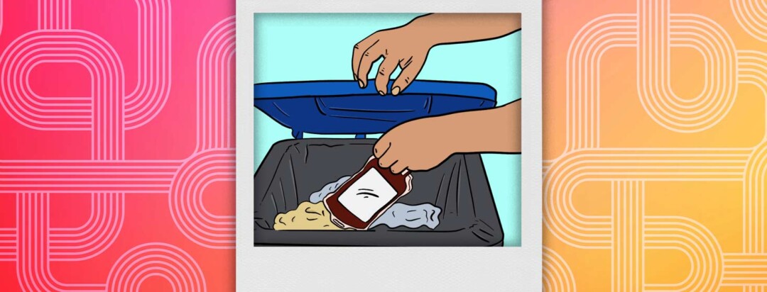 A person holds lid to the trashcan open allowing them to throw away a bag of bad blood.