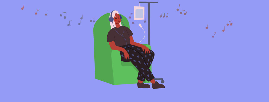 A woman receiving a chemo infusion while listening to music, POC