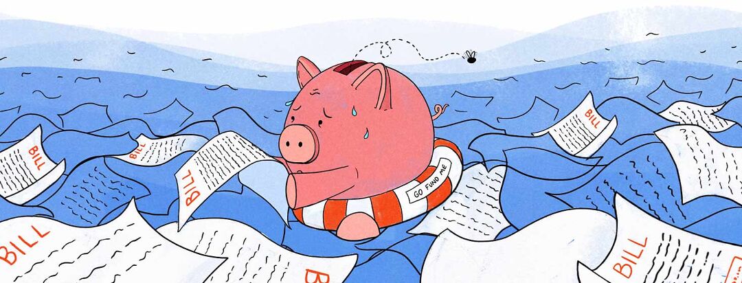 Piggy Bank is floating on life preserver ring in the water with a concerned look as it reads another medical bill.