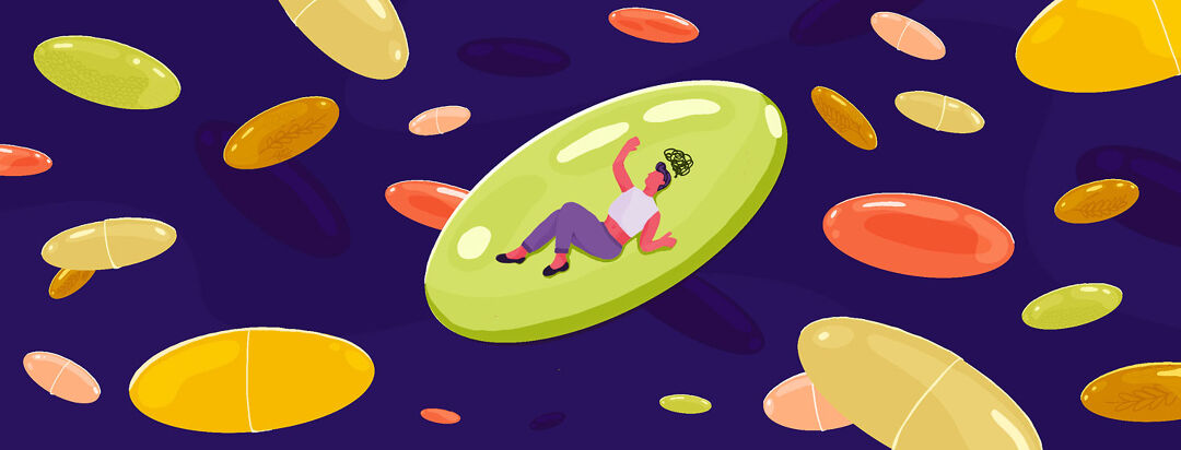 Confused and overwhelmed person floating in an endless sea of colorful supplements