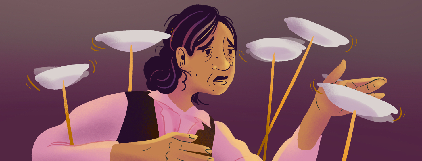 Exhausted woman spins plates, spinning plates, juggling tasks, multitasking, exhaustion, overwork, burn out,